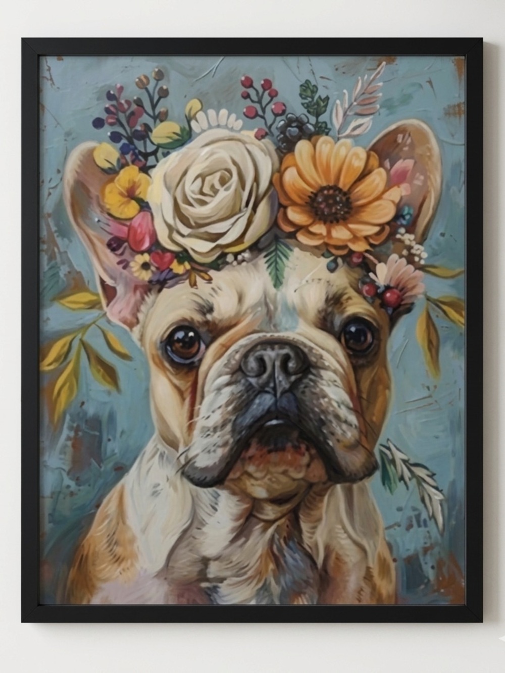 Framed 8x10 Floral French Bulldog Art Print, Whimsical Dog